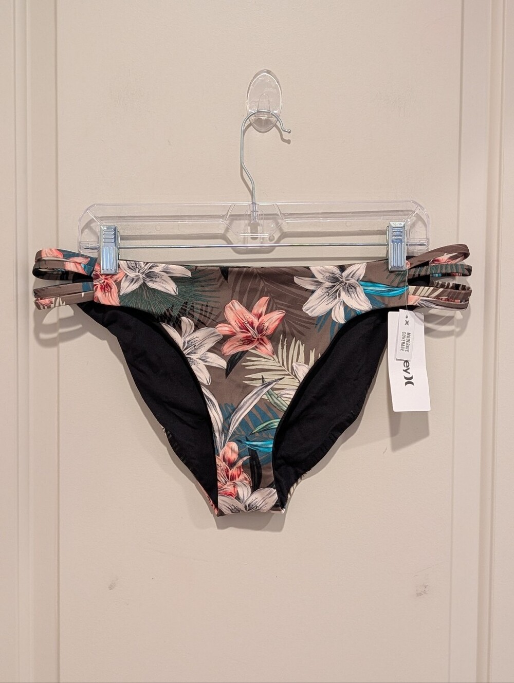 Hurley Tropical Floral Bikini Bottoms in Black and Coral XXL